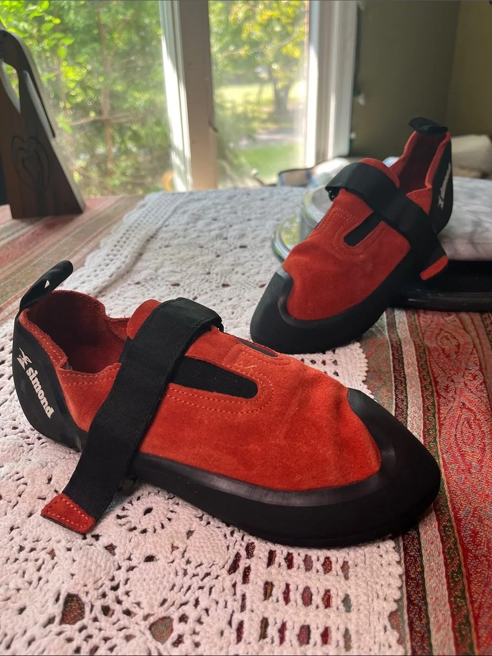 Simond womens Orange-Red Suede Climbing Shoes with Velcro Strap